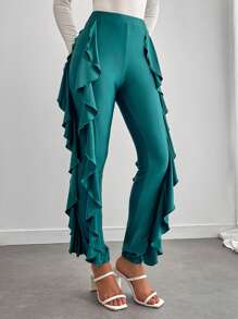 Chiquease Elegant Solid Color Flounced High Sheen Pants