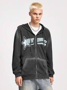 ROMWE MEN Prep Men's Spring And Autumn Casual Star Letter Print Zip-Up Hoodie - Black - View 5