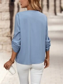 EMERY ROSE 女士优雅通勤风蓝色V领长袖衬衫 - 藍色 - 查看 2