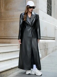 RueChic Black Peak Collar Double Button Placket Trench Coat - Black - View 3