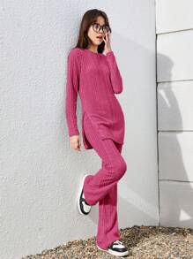 SHEIN 2pcs Teenager Mock Collar Split Hem Long Sleeve T-Shirt And Sweatpants Ribbed Outfit Set