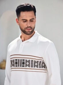 Manfinity Homme Herren Langarm Poloshirt in Einfarbig mit Patchwork und Knopfleiste, Lässig - Weiss - Übersicht 3