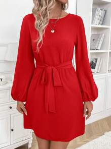 SHEIN Clasi Robe élégante à la mode avec manches bouffantes longues, ceinture à nœud et jupe courte, polyvalente pour tous les jours, adaptée pour le printemps, l'automne et l'hiver
