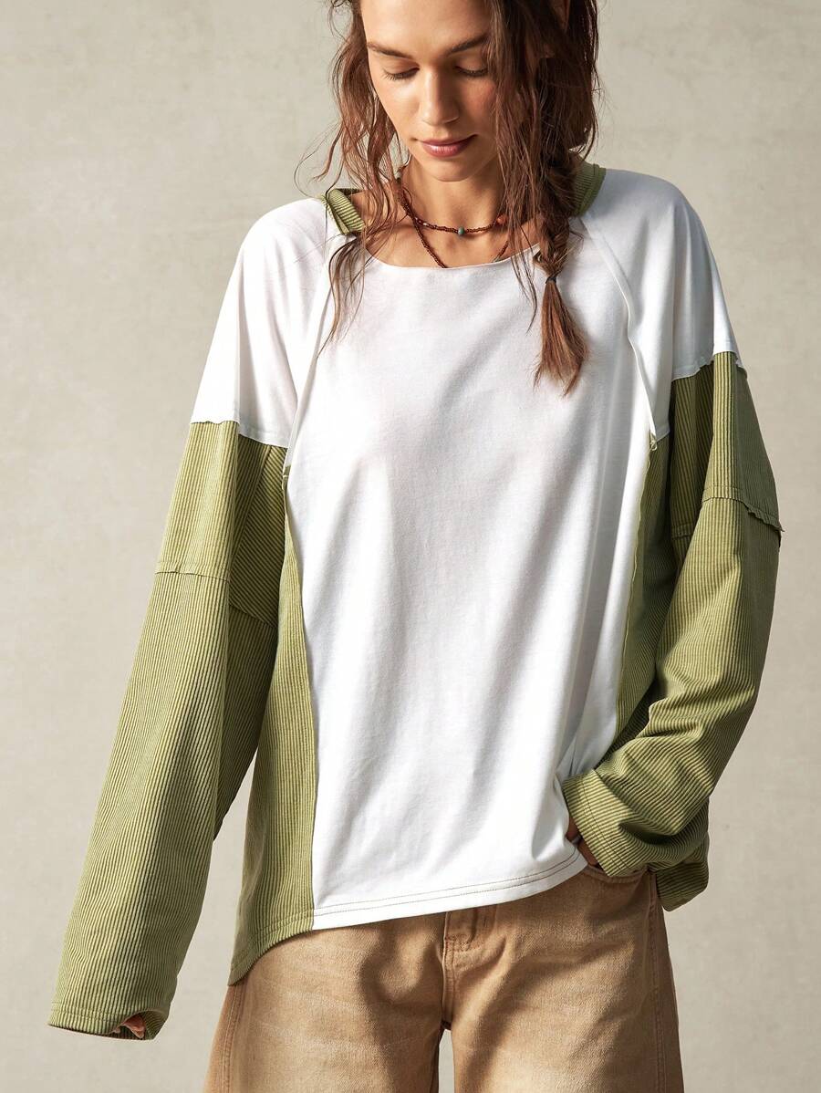 Bohemela 女士休闲针织拼色宽松圆领长袖 T 恤 - 彩色 - 查看 1