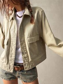 Bohemela Women's Loose & Relaxed Vacation Solid Color Woven Long Sleeve Fall Jacket - Khaki - View 2