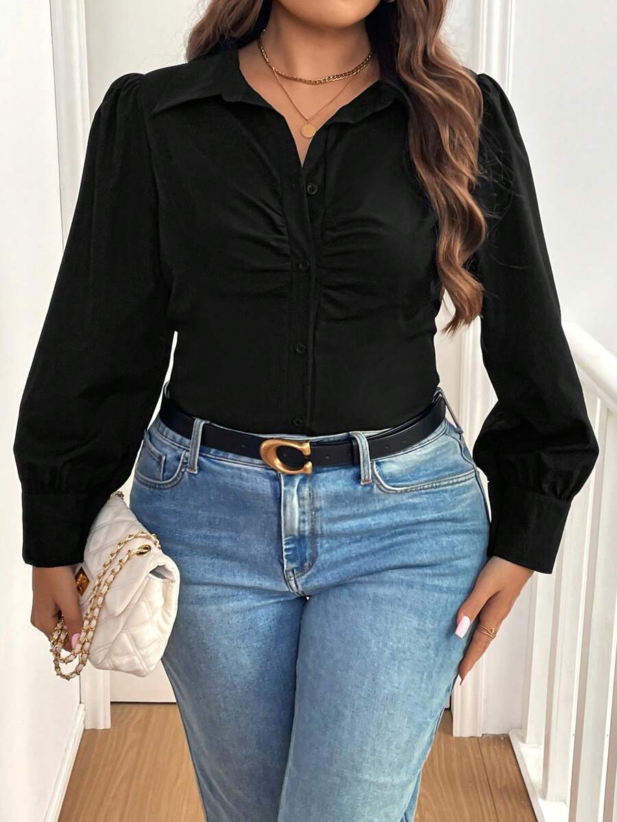 Flirla Áo sơ mi tay dài cài nút phía trước màu trơn cỡ lớn thường ngày - màu đen - Xem 1