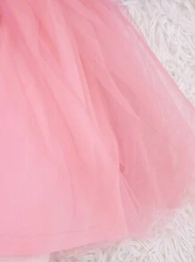 SHEIN Leap Crew 女婴针织波尔卡圆点圆领羊腿袖拼接网眼修身优雅连衣裙，适合派对、圣诞派对等场合 - 粉色 - 查看 2