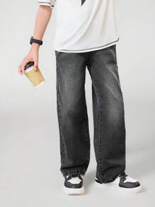 SHEIN Tween Boy Retro Basic Loose Straight Leg Jeans, College Style Casual Pants Summer Holiday - Grey - View 6
