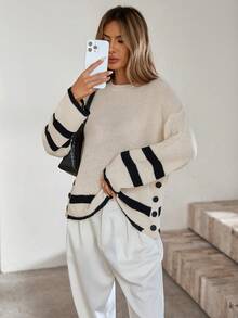 Women's Casual Colorblock Striped Drop Shoulder Long Sleeve Loose Sweater, Autumn - Beige - View 3
