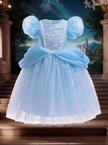 Glamorique Kids 年轻女孩圣诞节/万圣节/派对礼服，配珍珠丝带、白色蕾丝边、彩色薄纱泡泡袖和裙子、亮片装饰、蓝色网眼、舞台表演 - 藍色 - 查看 6