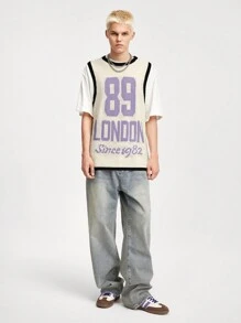 ROMWE MEN Prep Herren Pullunder mit Kontrastfarbe und Buchstaben- und Zahlen Muster, Frühling Herbst