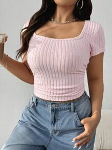 SHEIN EZwear 罗纹修身基本款 T 恤，加大码