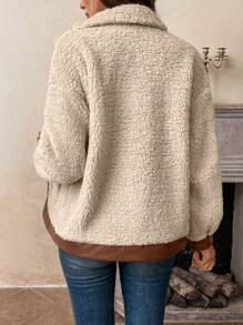 SHEIN LUNE 女士休闲保暖PU拼接毛绒口袋外套，秋冬季，休闲款 - 彩色 - 查看 2