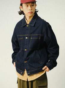 DAZY Men's Casual Loose Fit Denim Jacket, Fall - Navy Blue - View 1