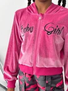 SHEIN 2pcs/Set Tween Girl Casual Outfit - Letter Print Hoodie Jacket And Camouflage Pants, Spring/Autumn