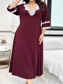 Lace Patchwork Deep V-Neck Mid-Sleeve Maxi Nightgown - Burgundy - View 6