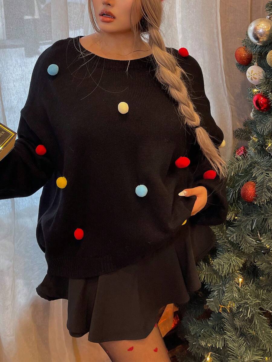 Flirla Pull surdimensionné pour femme d'hiver avec décoration de pompon mignon, vêtements de Noël