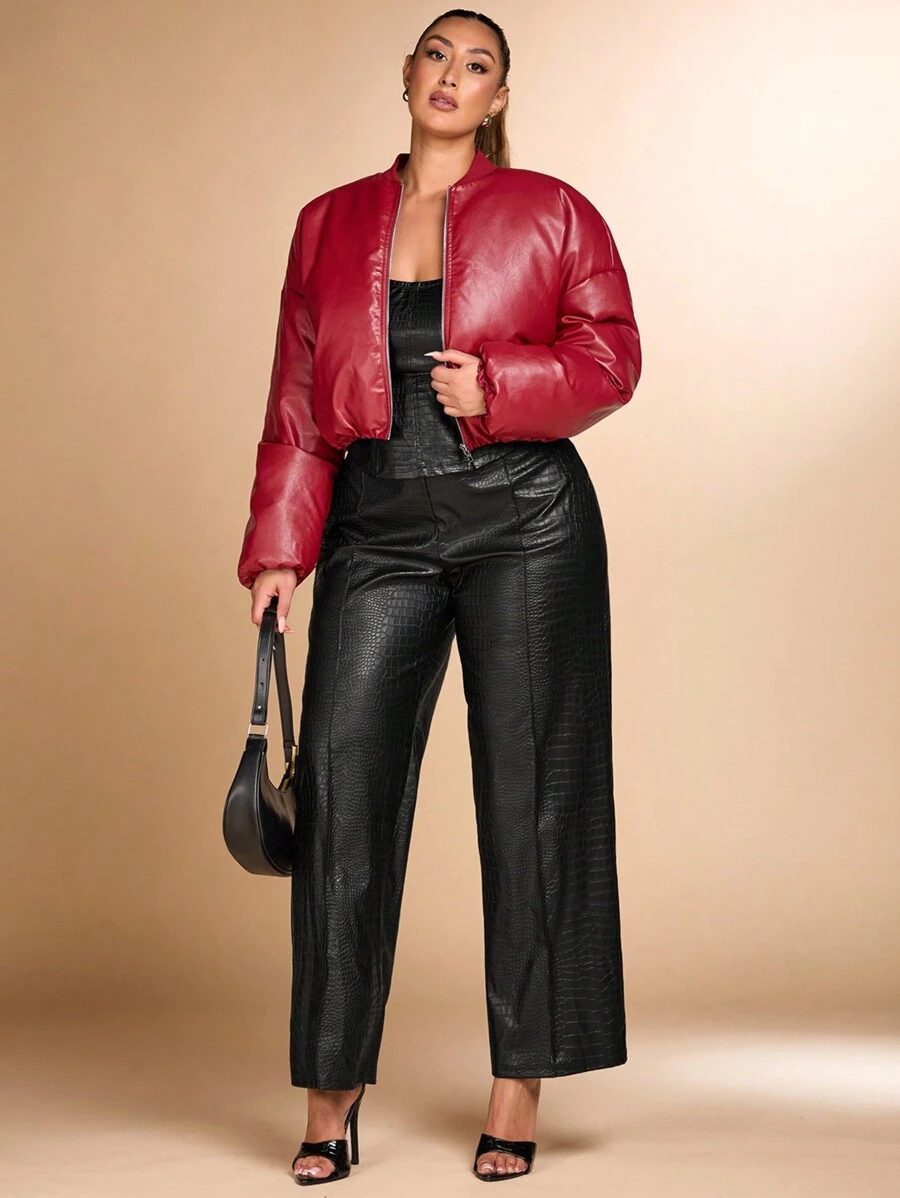 SHEIN BAE Plus Size Fall 1pc Elegant Street Motorcycle Women Burgundy Pu Leather Zipper Warm Short Winter Coat Halloween Go Out Music Festival - Burgundy - View 1