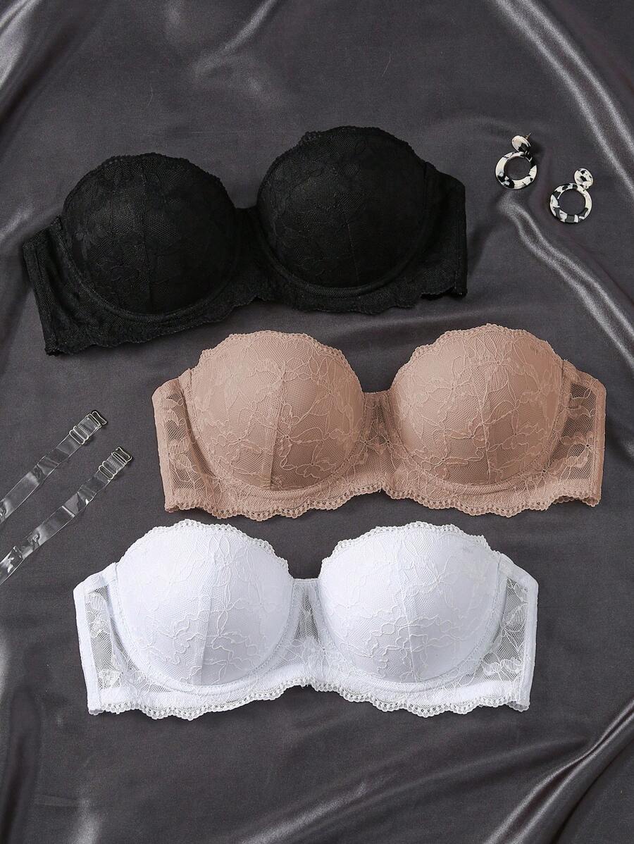 Set de 3 piezas de lencería romántica y sexy para el verano con brassiere estilo bustier sin tirantes de encaje con correas desmontables - Multicolor - Ver 1
