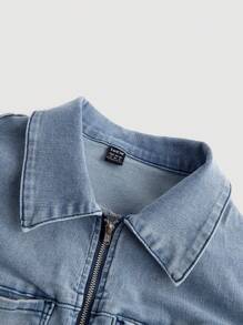 SHEIN MOD Women's Patch Pocket Contrast Bow Detail Zipper Placket Denim Jacket - Blue - View 3