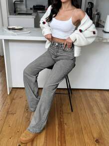 EURMUSE Women High Rise Zipper Fly Straight Leg Jeans - Light Grey - View 4