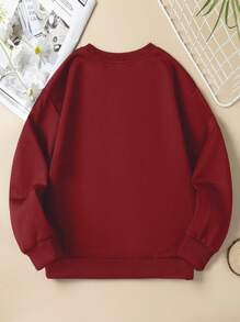 Young Girl Casual Pumpkin & Flower Print Crew Neck Sweatshirt, Autumn Winter - Burgundy - View 2