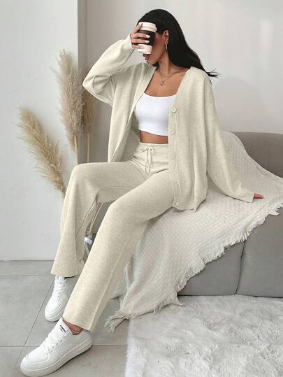 EURMUSE 2pcs Women's Casual Loose Fit Drop Shoulder Solid Color Cardigan And Knit Pants Set, Spring/Fall