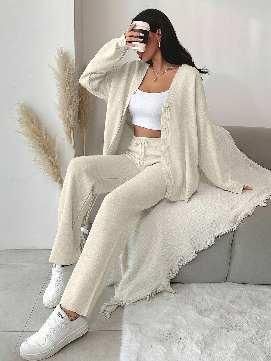 EURMUSE 2pcs Women's Casual Loose Fit Drop Shoulder Solid Color Cardigan And Knit Pants Set, Spring/Fall - White - View 1