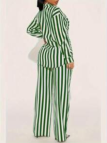 大码 2 件装绿色和白色条纹印花衬衫领长袖上衣和裤子套装 - 綠色 - 查看 2