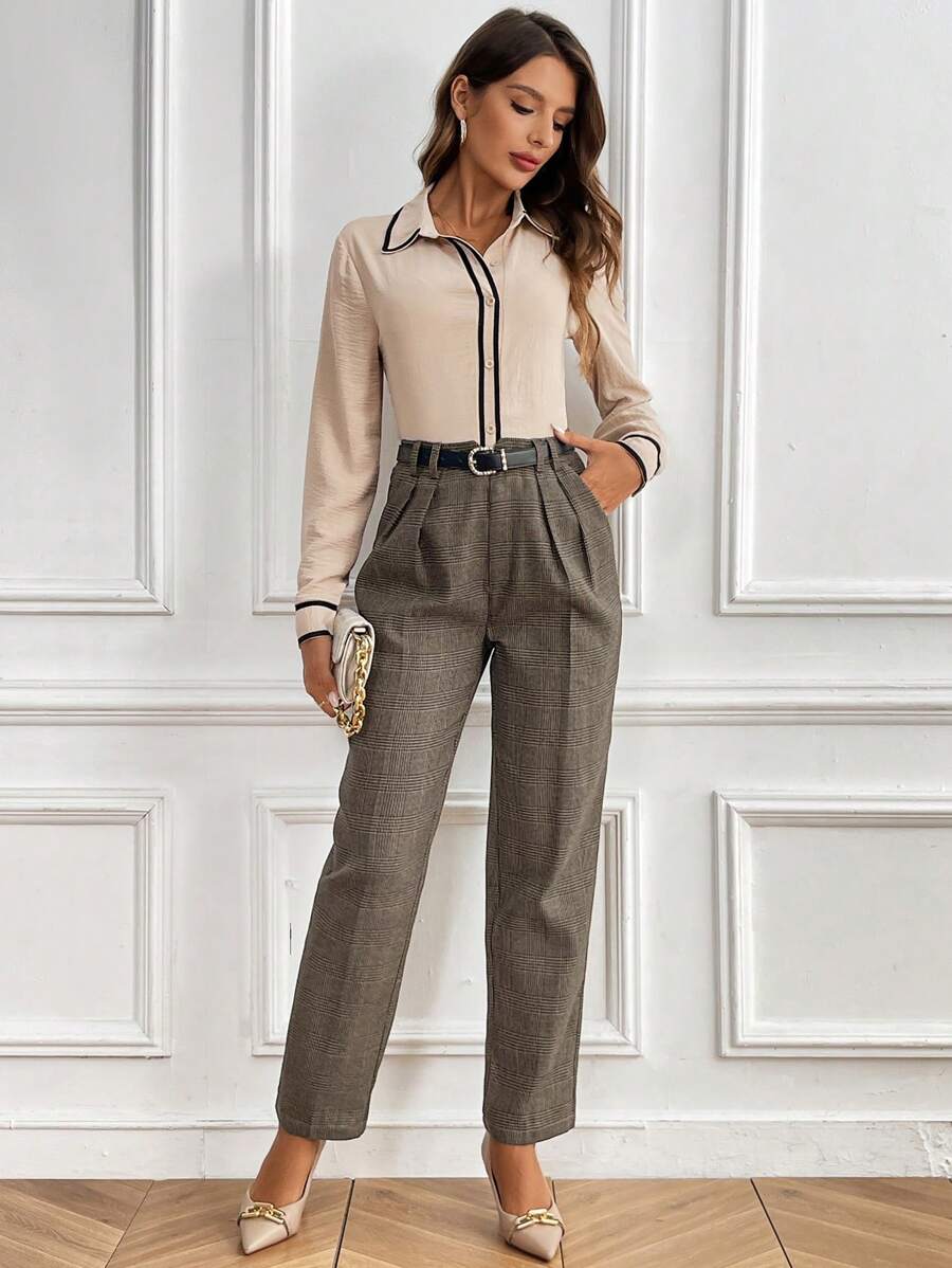 SHEIN Clasi Women's Plaid Print Slant Pocket Fold Pleated Pants, Waist Belt Not Included - Brown - View 1