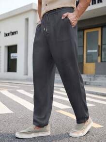 Manfinity NXTstreet Men's Solid Color Drawstring Pockets Casual Woven Pants - Grey - View 4