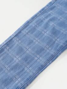 SHEIN Tween Girls Light Wash Denim Jeans With Plaid Pattern And Slit Hem Design - Blue - View 6