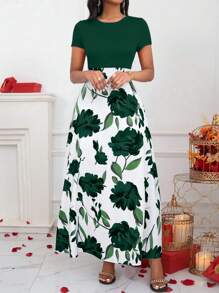 Lyxana Solid Color Patchwork Round Neck Short Sleeve Casual Long Dress Maxi Women Outfit