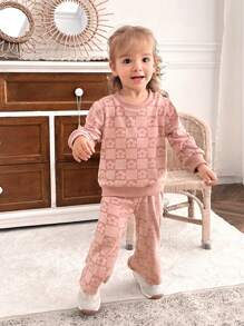 SHEIN 2 件套女婴花卉提花长袖上衣和裤子套装，春秋 - 粉色 - 查看 4