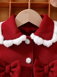 SHEIN Vintaside Kids Jaket Bayi Perempuan dengan Kerah Bulu dan Hiasan Pita, Musim Gugur/Dingin - Burgundy - View 3