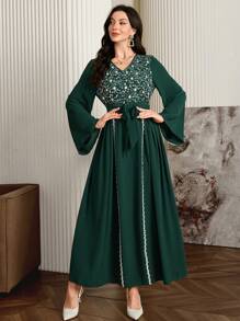 Al Najma 女式花卉刺绣 V 领喇叭优雅阿拉伯连衣裙，优雅朴素长袖 A 字型长款阿拉伯连衣裙，适合晚会/婚礼嘉宾/周年纪念 - 墨綠色 - 查看 4