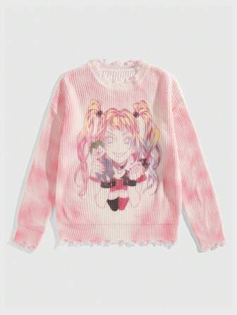 Harley Quinn | ROMWE Men's Cartoon Character Ombre Loose Distressed Edge Sweater
