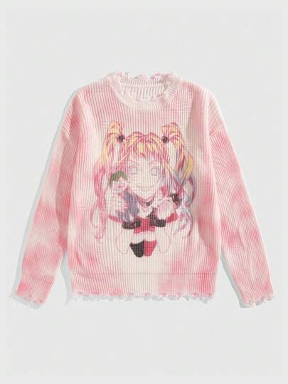 Harley Quinn | ROMWE Maglione oversize con effetto sfumato, bordi consumati e motivo a cartone animato per uomo