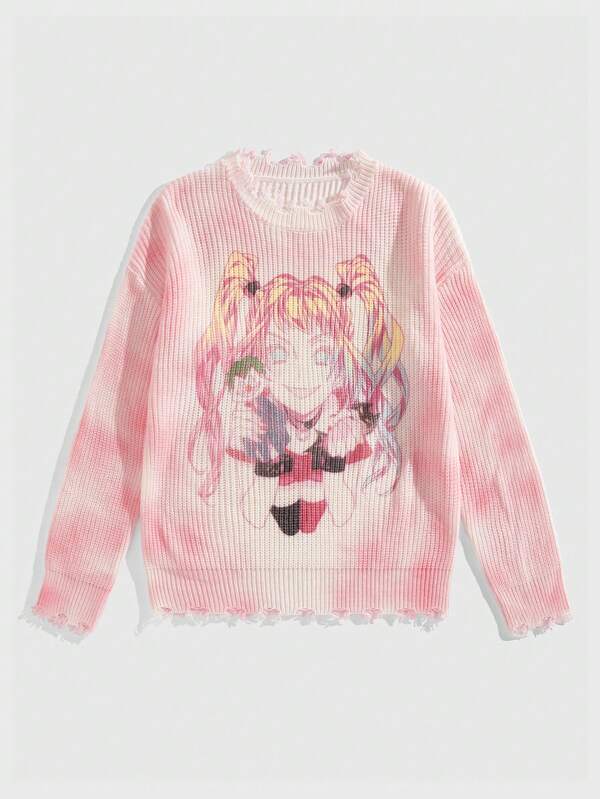 ROMWE MEN Harley Quinn | ROMWE Men's Cartoon Character Ombre Loose Distressed Edge Sweater