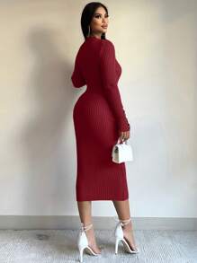 EURMUSE 女款純色修身毛衣連身裙 - 紅色 - 查看 2