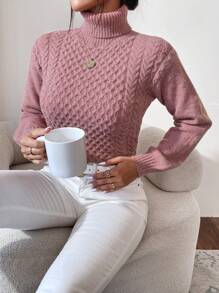 EURMUSE Turtleneck Cable Knit Jumper - Pink - View 5