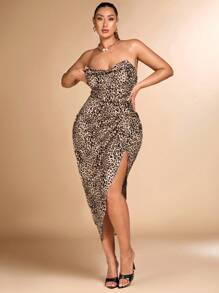 SHEIN BAE Plus Size Women's Summer Leopard Print Ruched Hem Slit Bandeau Fashion Dress - Multicolor - View 1