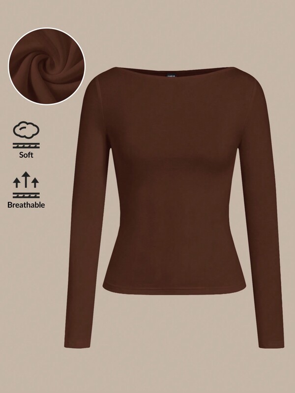 SHEIN BASICS Women's Solid Color Crew Neck Long Sleeve Casual T-Shirt, Spring/Summer