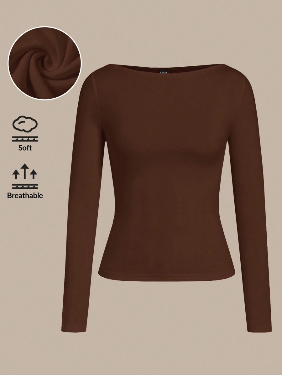 Tseoso Women's Solid Color Crew Neck Long Sleeve Casual T-Shirt, Spring/Summer - Brown - View 1