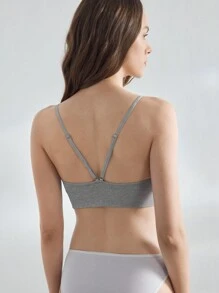 Women's Light Grey Plain Knitted Fabric Casual Medium Stretch Bralette Backless V-Neck Bralette - Light Grey - View 2