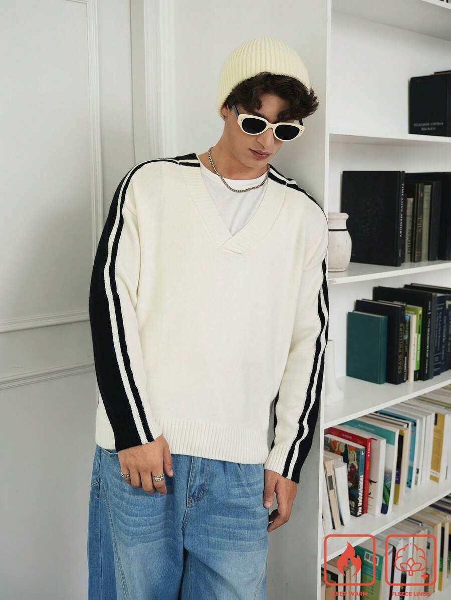 Chillumni كنزة صوفية مُحبوكة أكمام طويلة بياقة على شكل V لون متكتل للرجال