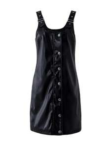 SHEIN Teen Girls' Solid Color Eyelet Button Design Casual Cami Dress For Summer