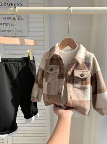 SHEIN 3件組男嬰復古格紋夾克外套，白色羅紋立領冬季上衣與保暖內裡長褲，秋季戶外穿著家庭套裝保暖刷毛衣 - 棕色 - 查看 4