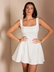 SHEIN BAE 女士白色可爱甜美优雅无袖露肩纯色荷叶边 A 字裙，适合舞会、生日派对、节日 - 白色 - 查看 3