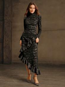 Anewsta 女士优雅高领蕾丝不对称荷叶边下摆长袖连衣裙 - 黑色 - 查看 5